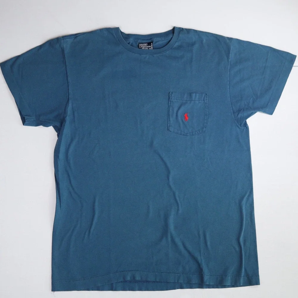Vintage Polo Ralph Lauren Single Stitch Pocket Tee M TShirt Blue Made USA Cotton